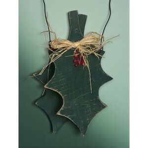 Primitive Holly Leaf Christmas Wall Hanging Rustic Wood Folk Art Decor